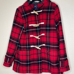 Gap Red Plaid Wool Toggle Hooded Zip Up Jacket L